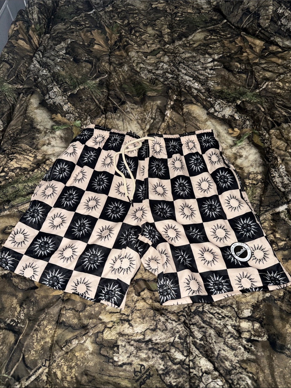 Cove Sun & Checkerboard Swim Shorts - Black & Beige